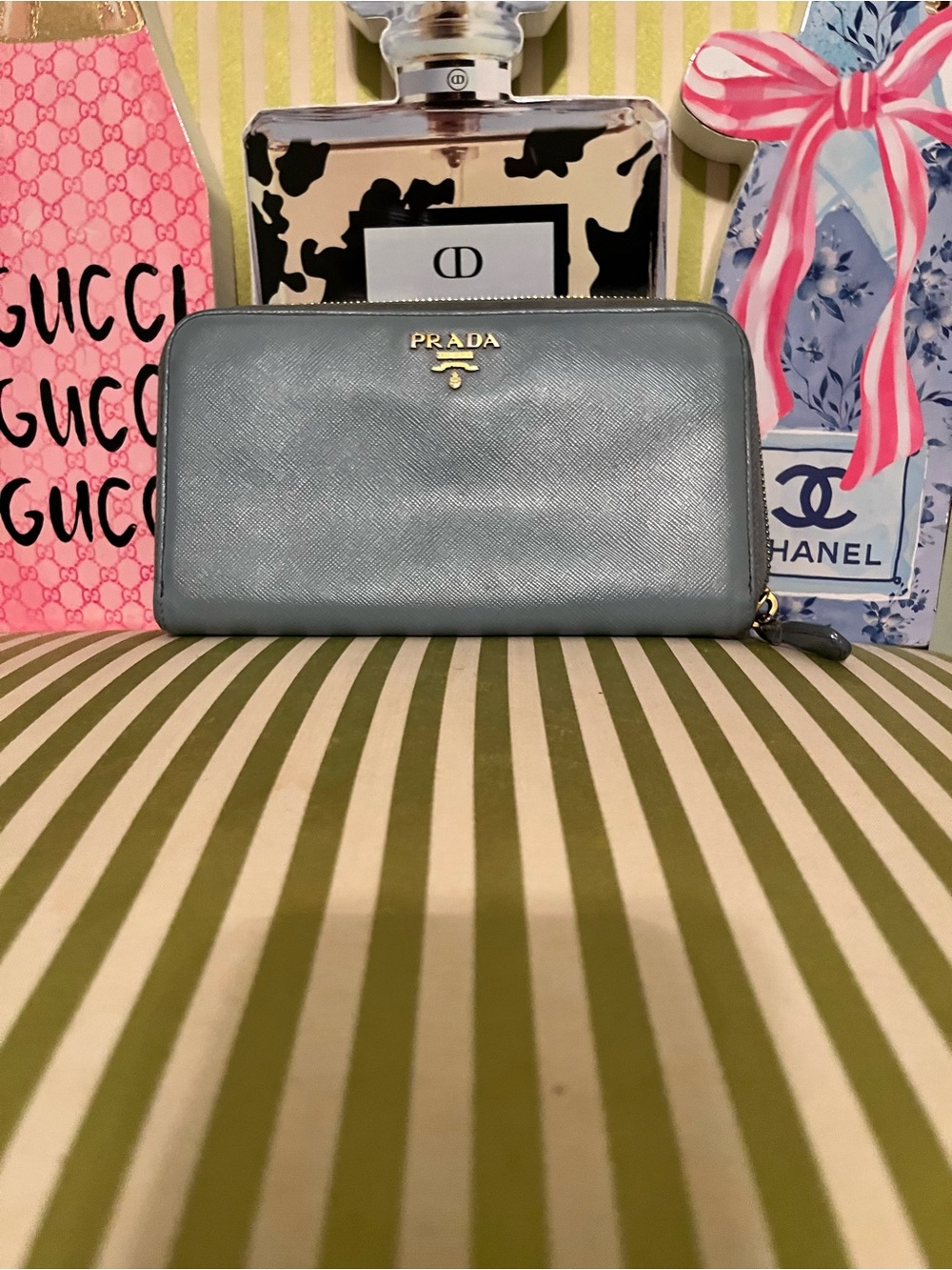 Prada Zip-Around Saffiano Wallet in Steel Blue with Gold Logo
